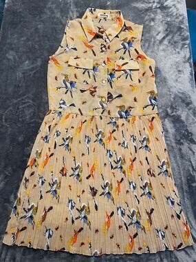 Bird Print Sleeveless Pleated‎ Midi Shirtdress Pleated Skirt